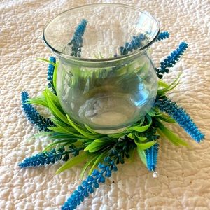 5/$25 Glass vase with blue salvia faux floral.